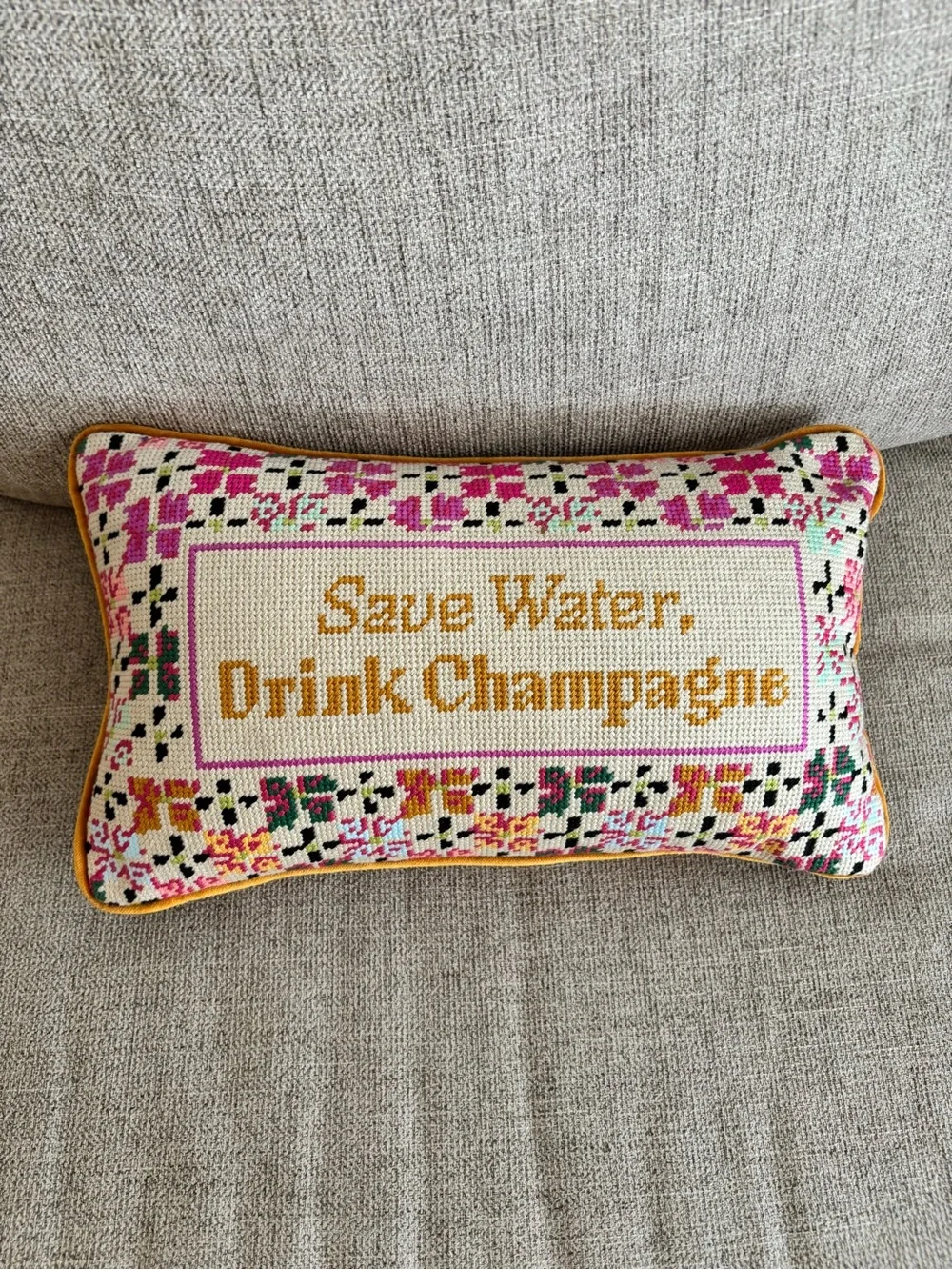 Anthropologie Petite “Save Water, Drink Champagne” Needlepoint Pillow NWT